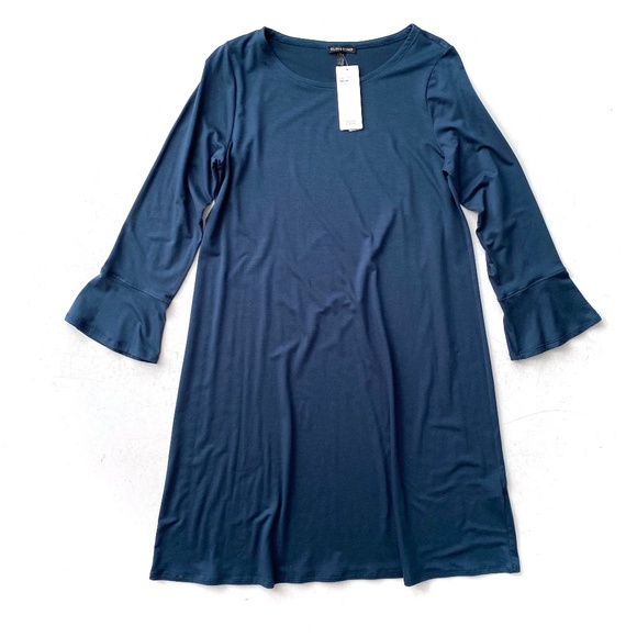 Eileen Fisher Fine Tercel Jersey Storm Blue Roundneck Knee Length Dress Large L - Picture 1 of 3
